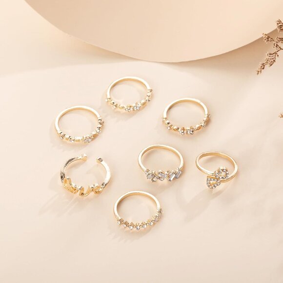 Elegant Boho Gold Crystal Stacking Rings Set - Moon, Star & Butterfly Designs - Picture 6 of 7